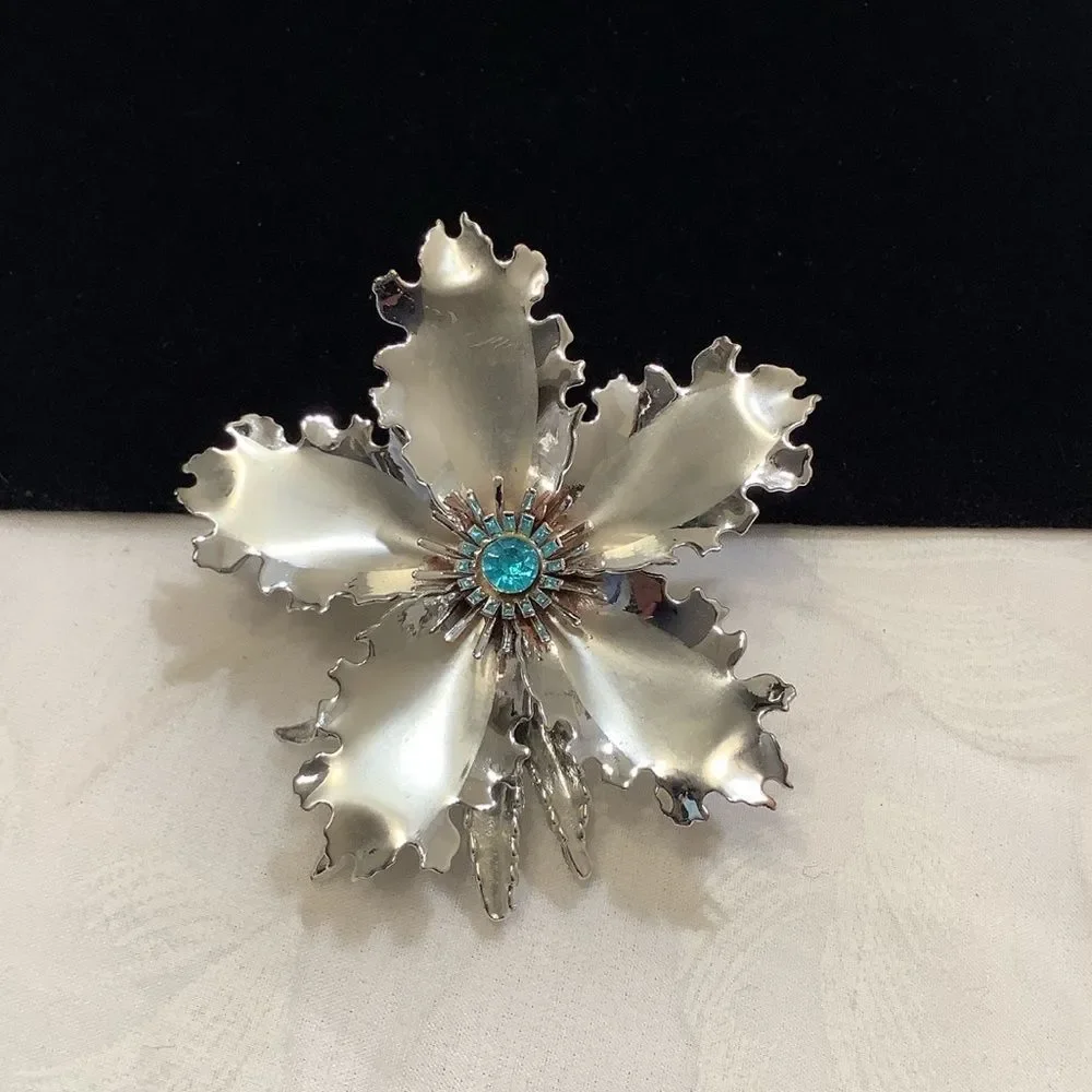 Vintage Large Silver Flower Brooch With Rhinestone